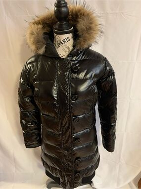 MONCLER ICONIC DOWN PUFFER JACKET WITH FOX FUR, size 1/small, black shiny, belt